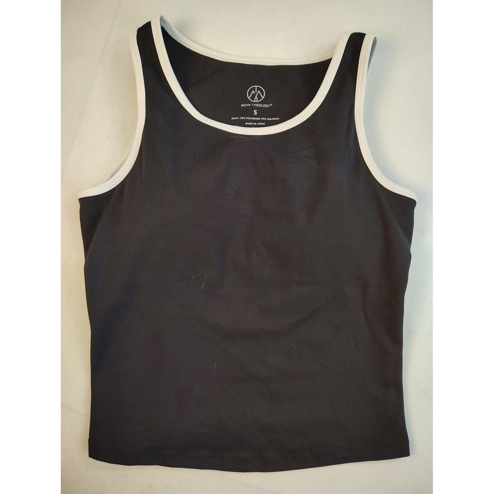 Move Theology Cropped Activewear Top Bck Cutout Black White Trim Workout Tank Sm